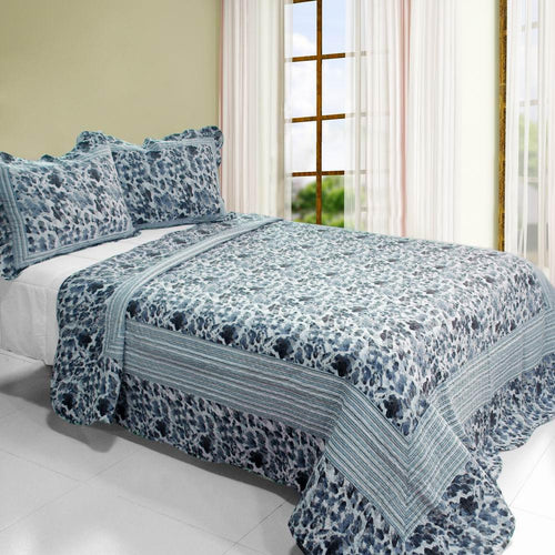 [blue Impression] 3pc Cotton Vermicelli-quilted Printed Quilt Set (full-queen Size)-Bedding-thegsnd