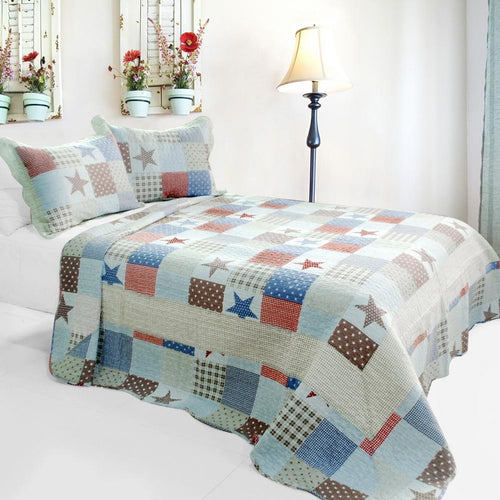 [wave Point Of Stars] 3pc Cotton Vermicelli-quilted Printed Quilt Set (full-queen Size)-Bedding-thegsnd