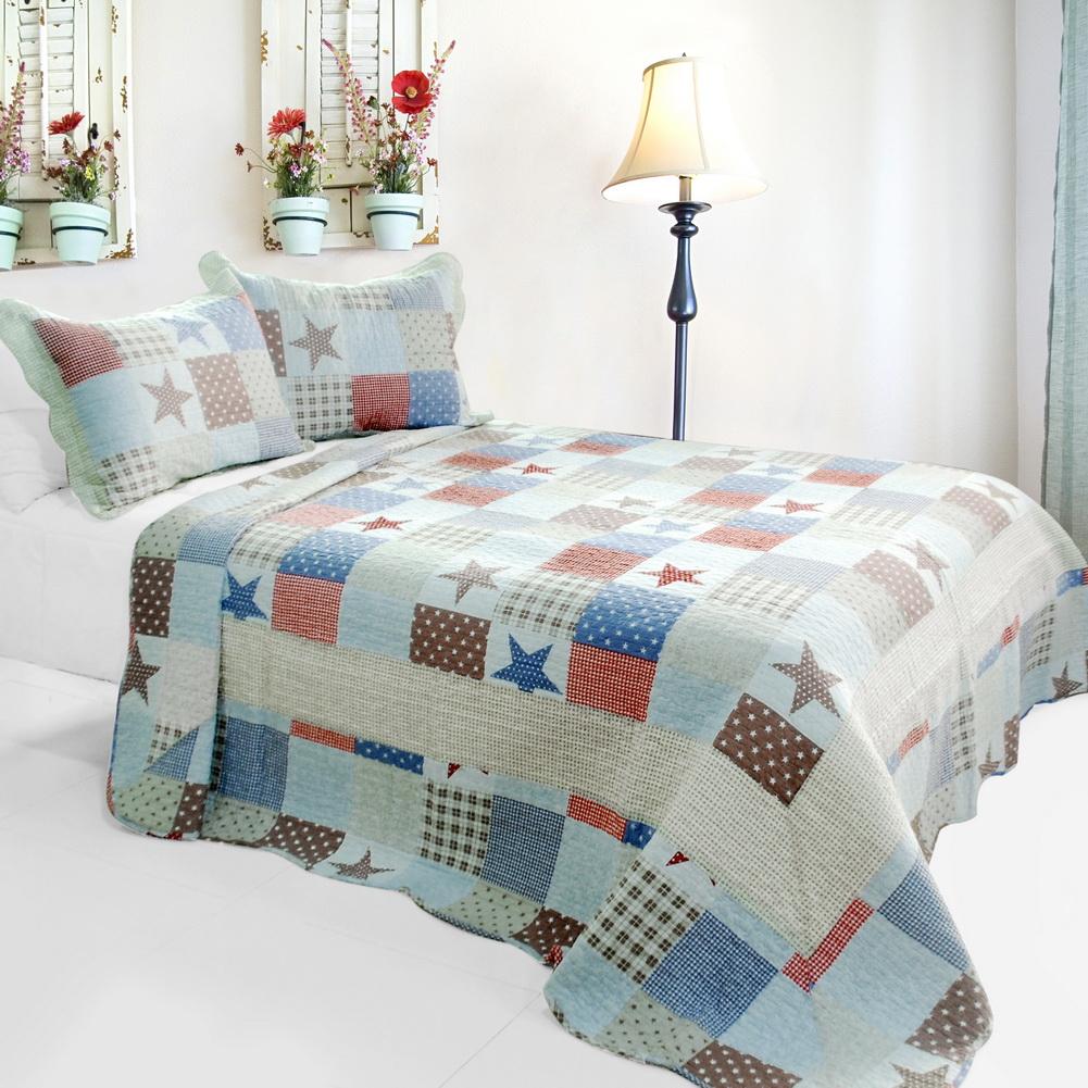 [wave Point Of Stars] 3pc Cotton Vermicelli-quilted Printed Quilt Set (full-queen Size)-Bedding-thegsnd